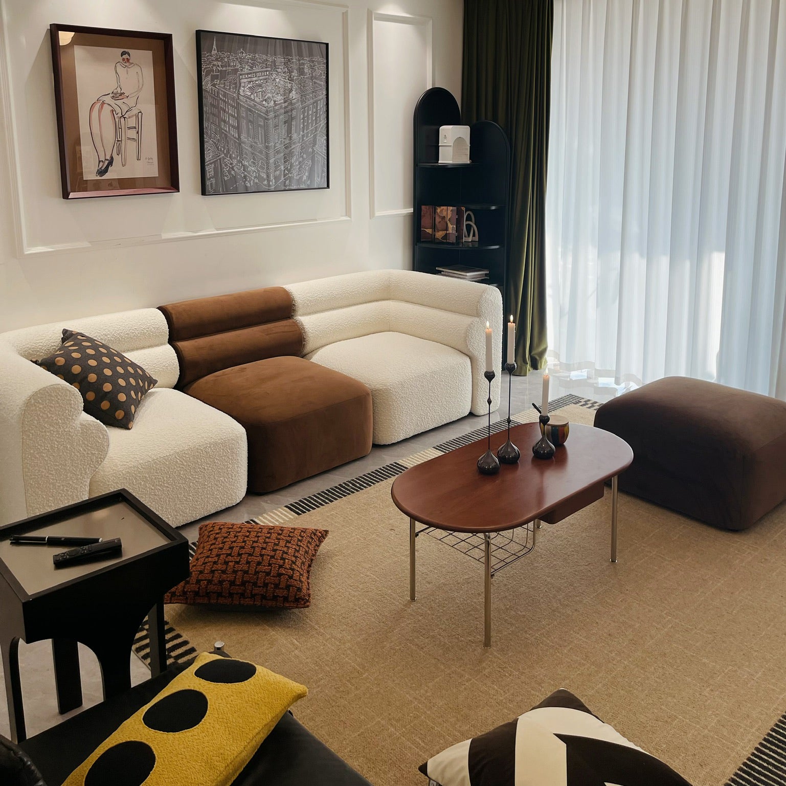 New Piece_Lift Loft_Loaf Corner Modular Sofa Boucle_White_Loaf Armless Modular Sofa Velvet_Caramel_Loaf Ottoman Velvet_Caramel_Modular Sofa _2